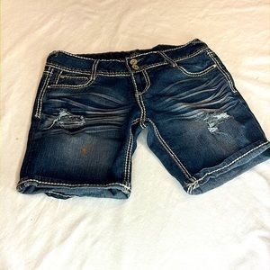 ⭐️ Almost famous mid rise mid length distressed jean shorts holes bling 7